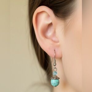 Silver Tone Drop Crystal Earrings with Turquoise Bead Handmade NEW‎